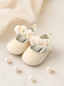 Apricot Color Infant Girls' Rose Flower Mary Jane Flats, Anti-Slip Soft Sole Infant First Walkers, Infant Flats, Princess Shoes