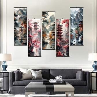 1Pc/5 Pcs Nature Landscape Scroll Canva Wall Art Poster Retro Lake Tower Tree View Scroll Wall Painting For Bedroom Living Room Office Decor Aesthetic,Canvas
