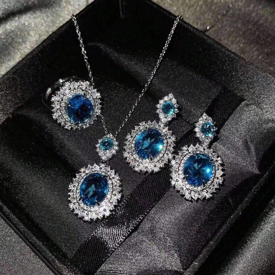 Women's Fashion Luxury Sapphire Diamond Jewelry Set (Necklace+Earrings+Ring) - Bạc - Xem 1