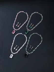 1 套 3 件奢华方晶锆石珠宝项链和耳环套装，适合新娘婚纱、典礼派对穿着