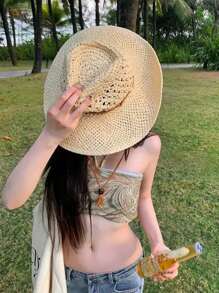 Boho 1pc Ladies' Hollow Out Woven Straw Hat In Beige With Western Cowboy Style Design, Sunscreen, Breathable, And Windproof Rope For Beach Vacation And Daily Wear In Summer Halloween - Beige - View 3