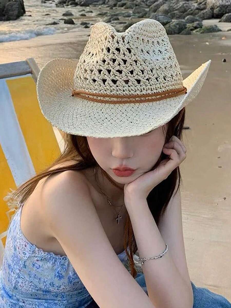 Boho 1pc Ladies' Hollow Out Woven Straw Hat In Beige With Western Cowboy Style Design, Sunscreen, Breathable, And Windproof Rope For Beach Vacation And Daily Wear In Summer Halloween - Beige - View 1