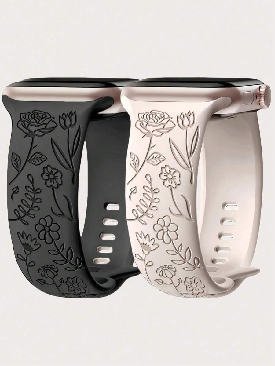 2件裝花卉雕刻錶帶，相容 49mm 46mm 45mm 44mm 42mm 41mm 40mm 38mm，波希米亞風可愛玫瑰矽膠錶帶，適用 Series Ultra 11 10 9 8 7 6 5 4 3 2 1 SE，男女通用，返校季