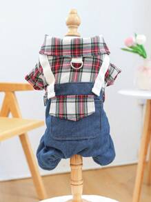 PETCIRCLE 1 件宠物服装，狗/猫装，秋冬新品，保暖内衬，加厚，保暖，红色格子工作服和裤子 - 藍色 - 查看 4