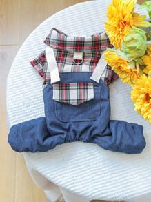PETCIRCLE 1 件宠物服装，狗/猫装，秋冬新品，保暖内衬，加厚，保暖，红色格子工作服和裤子 - 藍色 - 查看 3