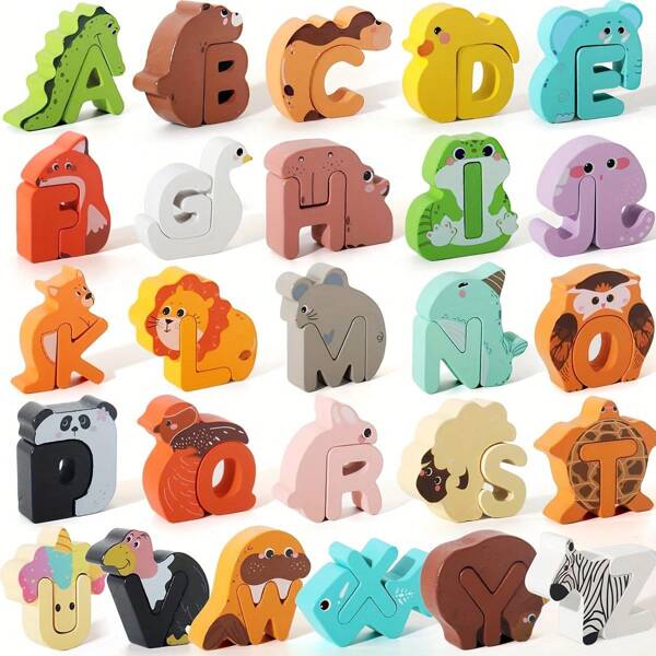 52-teiliges Holz-Buchstaben & Tier-Zuordnungsspiel - Lernspielzeug mit ABC Puzzle für Kleinkind 3-6 Jahre, Feinmotorikspielzeug, perfektes Geburtstagsgeschenk
