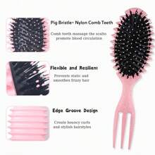Cepillo definidor de rizos, cepillo para el cabello rizado, cepillo de cerdas con diseño redondo rosa, cepillos para cabello rizado para mujeres, cepillo de cerdas definidor de rizos que da masaje al cabello - Multicolor - Ver 4