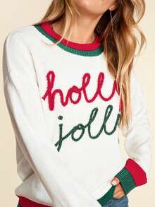 圣诞节口号图案条纹落肩长袖圆领毛衣，长袖上衣