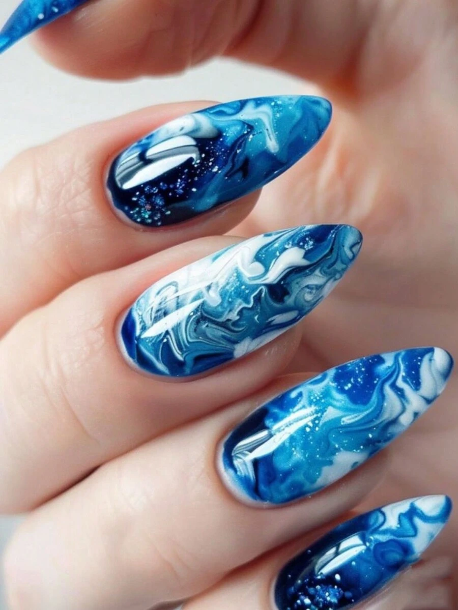 24pcs Shiny Light Blue Tie Dye To Navy Blue Gradient False Nails, Medium Length Artificial Nails - Dusty Blue - View 1