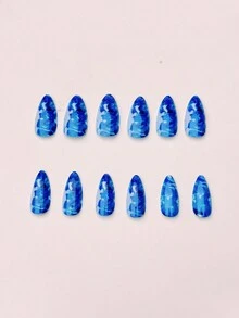 24pcs Shiny Light Blue Tie Dye To Navy Blue Gradient False Nails, Medium Length Artificial Nails - Dusty Blue - View 4
