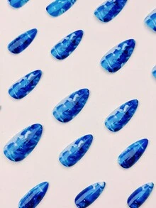 24pcs Shiny Light Blue Tie Dye To Navy Blue Gradient False Nails, Medium Length Artificial Nails - Dusty Blue - View 3