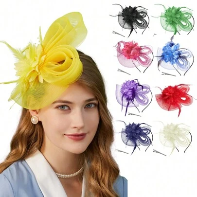 1pc Women's Headpiece Hat, Mesh Rabbit Ear Design, Suitable For Church, Cocktail Party, Derby Hat, Wedding And Other Occasions, Also Can Be Used As Feather Mesh Headpiece For Back To School Season, Tea Party Accessory, Halloween Costume Hair Clip, Elegant And Fashionable, Suitable For Rave Parties And Other Occasions.