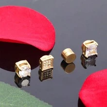 4对装不锈钢磁性耳环，男女通用，18K镀金，镶嵌立方氧化锆，无需耳洞，夹式耳环套装，6毫米 - 4對金色套裝 - 查看 5
