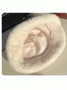 1pc Solid Color Casual Elegant Street Chic Polyester (Polyester) Fluffy Fluffy Patchwork Frayed Edge Bucket Hat, Versatile For Fall/Winter