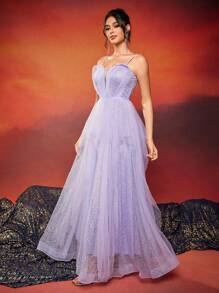 Vestido de fiesta de mujer con tirantes finos, lentejuelas y tul brillante, vestido de invitada de boda, vestido formal, vestido de noche - Morado - Ver 1