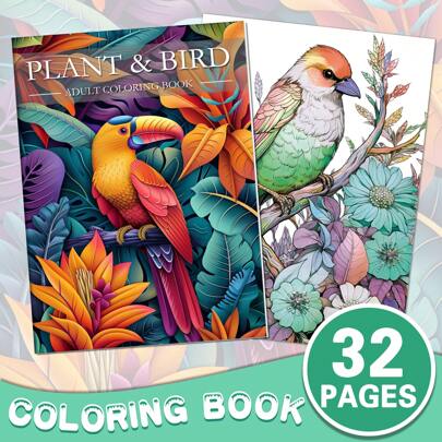 32-seitiges Malbuch für Erwachsene: Pflanzen- und Vogeldesigns - perfektes Geschenk zu Geburtstag, Weihnachten, Ramadan, Valentinstag, Schulanfang, Muttertag, für Mama