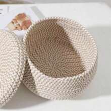 Cesta de almacenamiento de escritorio tejida de 24 cm de diámetro con tapa, cesta para huevos, organizador de maquillaje, aperitivos y artículos varios