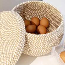 Cesta de almacenamiento de escritorio tejida de 24 cm de diámetro con tapa, cesta para huevos, organizador de maquillaje, aperitivos y artículos varios