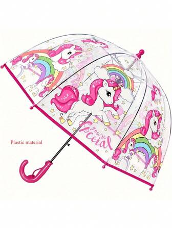 1pc Whimsical Unicorn Princess Umbrella - Colorful Transparent Plastic, Printed Design, Cute Bag Edge, Windproof, Water-Resistant, Portable, And Stylish Accessory For Rainy Days