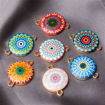 10pcs Enamel Floral Pattern DIY Jewelry Accessories Circular Pendant Connectors For Necklace And Bracelet