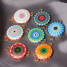 10pcs Enamel Floral Pattern DIY Jewelry Accessories Circular Pendant Connectors For Necklace And Bracelet
