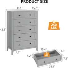 5 Chest Of Drawer Dresser, Modern Tall Nightstand With Deep Drawers And Nickel Round Handle, Wood Organizer Storage Cabinet For Bedroom, Living Room, Hallway - 灰色 - 查看 2