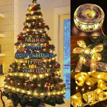 1 st. LED-kerstlintverlichting 39,37/78,74/196,85/393,7 inch zilver/gouden lint met koperdraad, feeënlichtsnoer, kerstboom, decoratief lint, strikken, lampen, op batterijen, voor thuis, tuin, tuin, bruiloft, verjaardag, feest, kerstboom, festivals, nieuwjaarsdecoratie (1/2/5/10 m gouden/zilveren lint; warm wit/wit/kleurrijk licht), kamerdecoratie, kerstdecoratie, kerstverlichting, slaapkamerdecoratie, woondecoratie, feestdecoratie, vakantie, festival, kerstcadeau, Thanksgiving, kerstboomdecoratie, ornamenten