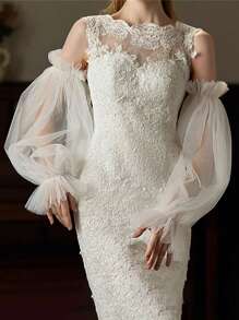 1 对优雅可拆卸灯笼式薄纱婚纱袖子，荷叶边饰边，纯色，有弹性，非常适合新娘礼服和摄影秋季女士服装 - 彩色 - 查看 5
