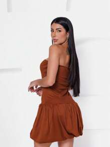 Women's Short Balloon Strapless Blogger Dress - Rỉ Nâu - Xem 2