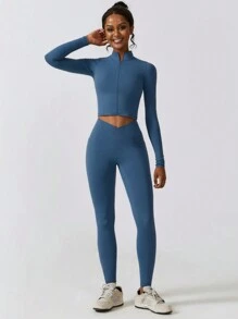 MASKERT 女士紧身上衣长袖拼布外套防晒服瑜伽服跑步运动上衣舒适亲肤 - 藏蓝色 - 查看 8