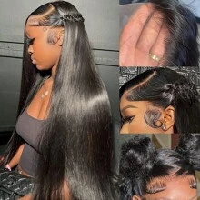 bling hair 360 Kinky Straight Lace Front Wigs Human Hair Transparent Frontal Wigs Human Hair Lace Front Wigs Human Hair 13x6 Straight Lace Front Wigs Human Hair For Women 200% Density Pre Plucked With Baby Hair Glueless Wigs - Natural Black - 查看 2