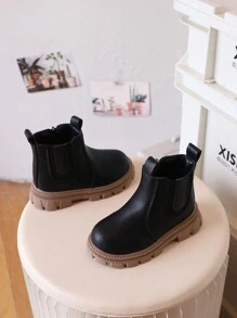 新款儿童靴子，男童黑色靴子，儿童鞋，女童时尚靴子，米色短款软底皮靴 - 黑色 - 查看 4