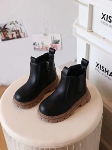 新款儿童靴子，男童黑色靴子，儿童鞋，女童时尚靴子，米色短款软底皮靴 - 黑色 - 查看 3