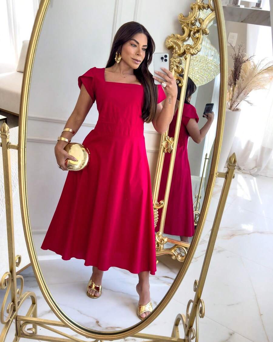 Women's Plain Short Sleeve Midi Dress - 紅色 - 查看 1