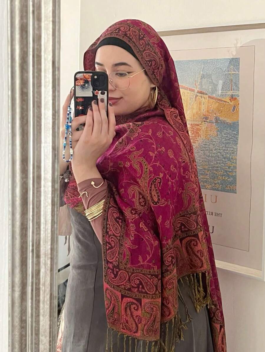 1条女士波西米亚风复古佩斯利提花羊绒围巾，休闲优雅防晒披肩，适合日常佩戴