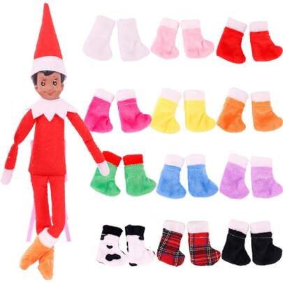 10 件（随机 5 双）新款适合 27-30 厘米女孩娃娃配饰鞋，毛绒圣诞精灵娃娃鞋，多色