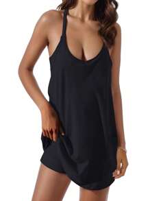 Women's Casual Sleeveless Scoop Neck Tunic Dress With Pockets, Short Backless Criss Cross Black Summer Sundress - 黑色 - 查看 3