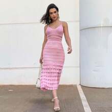 Lace Dress With Ruffles Knit With Lining Women's Dress Midi Dress - Màu Hồng baby - Xem 3