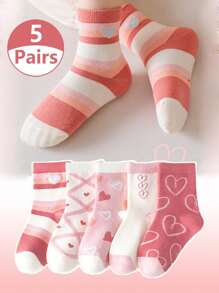 5 双可爱女孩袜子，粉色爱心设计，百搭中筒袜，适合 0-14 岁 - 粉色 - 查看 1