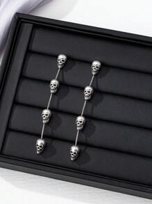 1pair Exaggerated European&American Style Long Tassel Skull Dangle Earrings For Women, Halloween - Antique Silver - View 3