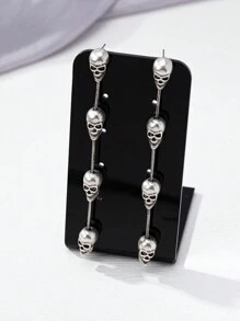 1pair Exaggerated European&American Style Long Tassel Skull Dangle Earrings For Women, Halloween - Antique Silver - View 2