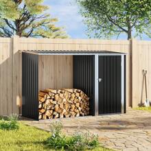 LIVINGANDHOME Living And Home - UK Steel Outdoor Garden Storage Shed With Log Stacking Rack - Black - View 3