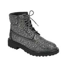 Lace Up Rhinestone Glitter Combat Boots, Metallic Boots Vacation Shoes Halloween Wonderful - Black - View 3