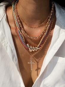 1 Set mehrstrangige Kette, buntes geflochtenes Seil Halskette mit Muschelperlen, vintage asymmetrische Halskette für Lässig, Strand, Party, Urlaubs-Geschenk