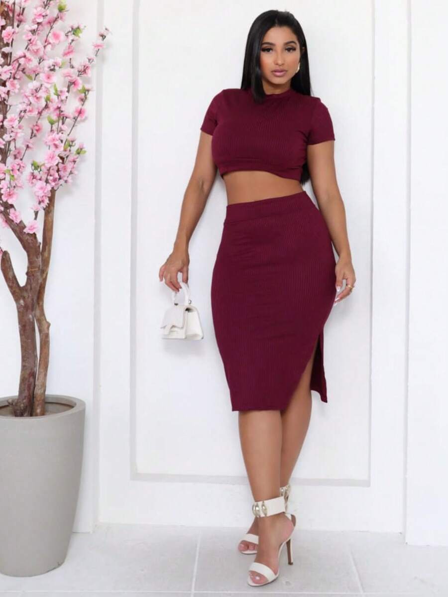 Women's Cropped Set And Midi Skirt With Blogger Slit - 酒紅色 - 查看 1