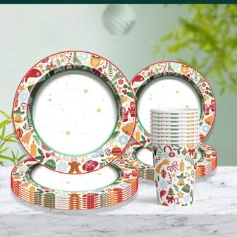 60 件/套圣诞主题一次性派对用品，包括 9 英寸/7 英寸纸盘、甜点盘、生日杯子、户外野餐、圣诞节用品