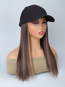 棒球帽带 16 英寸直发接发假发帽适合中长直发，棕色 - 間色 - 查看 4