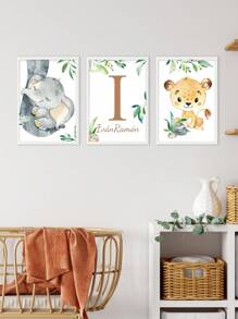 3 件定制名字艺术印刷品大象印刷图片狮子帆布海报丛林动物壁挂图片树叶背景图片北欧海报男婴卧室装饰儿童房墙壁装饰圣诞礼物无框架 - 綠色 - 查看 9