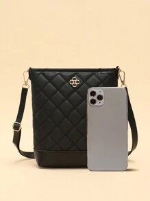 1pc Rhombus Embroidered Shoulder Diagonal Crossbody Bucket Bag, Versatile For Casual Trips - Black - View 4