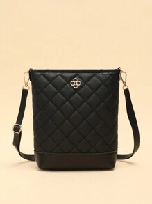 1pc Rhombus Embroidered Shoulder Diagonal Crossbody Bucket Bag, Versatile For Casual Trips - Black - View 1